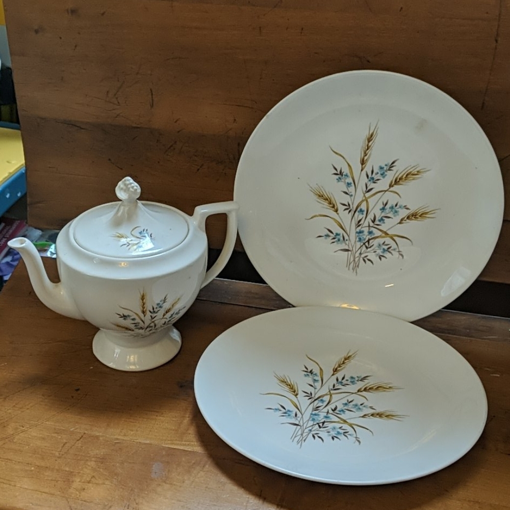 Canonsburg Pottery teapot & 2 dinner plates pop